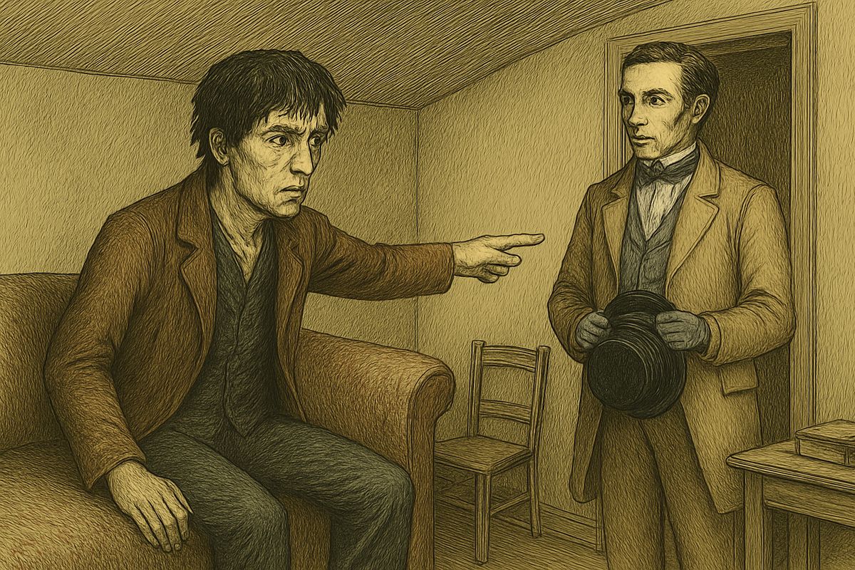 "If ever again you dare to mention a single word about my mother, I shall send you flying downstairs!" Raskolnikov cried, raising himself on the pillow with glittering eyes. Luzhin turned pale, flushed crimson, and squeezed out of the room with deep offence written in every line of his back.