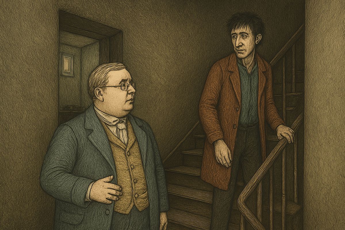 "Let me alone, all of you!" Raskolnikov shrieked, and Zossimov led Razumihin out. On the stairs the doctor said Rodya had some fixed idea: only the murder interested him. Razumihin agreed; talk of the murder had made him faint at the police office.