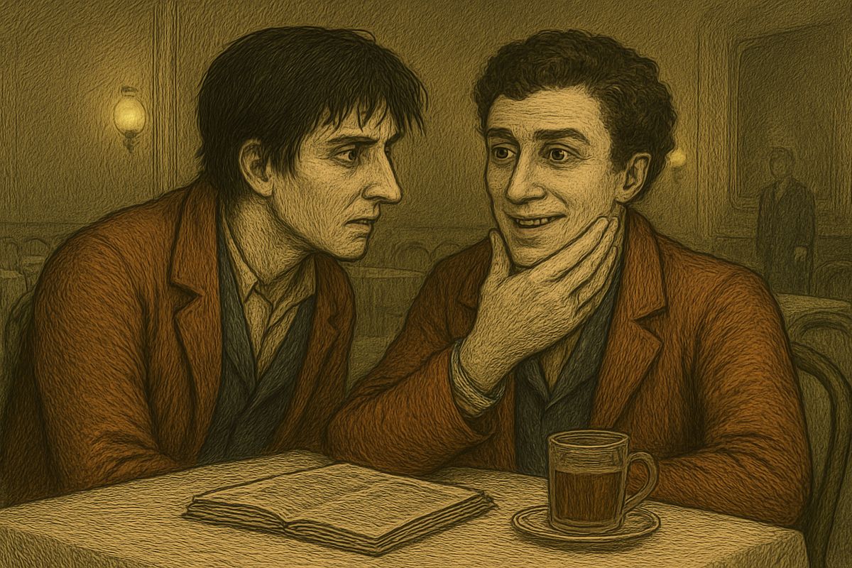 At the Palais de Cristal he searched old newspapers for the murder. Zametov, flushed with champagne, sat down beside him. Raskolnikov mocked him, then leaned closer: "And what if it was I who murdered the old woman and Lizaveta?"