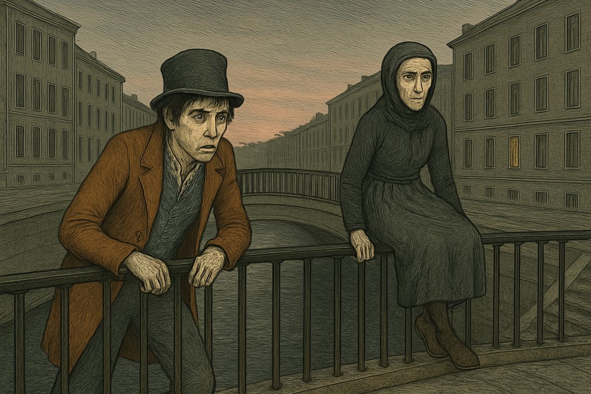 Zametov stammered that he believed it less than ever. Raskolnikov left in wild rapture, shook off Razumihin, and stood on a canal bridge. A wasted woman threw herself into the water and was pulled out; he felt only disgust. "Water... it's not good enough."