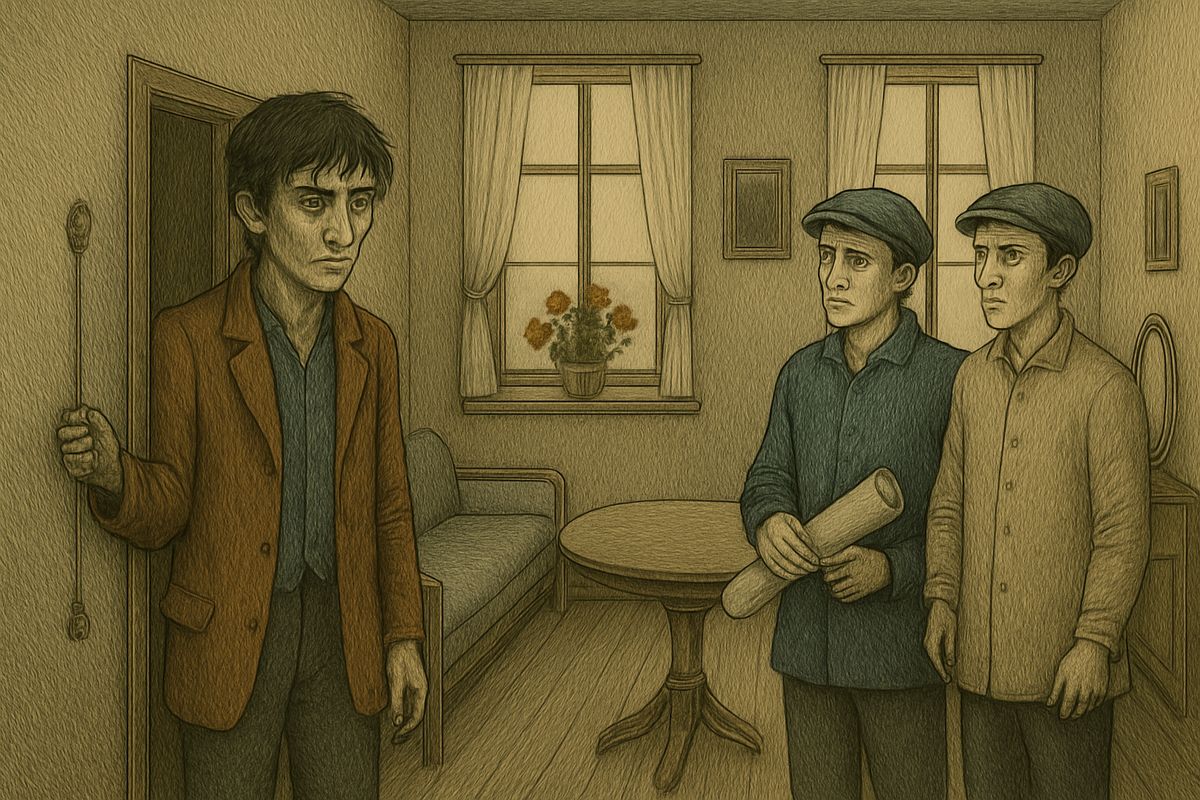 He set off for the police office, but his feet led him to the old woman's house. Workmen were papering the bare flat. Raskolnikov rang the bell again and again, relishing its cracked note, then asked the workmen, "Is there no blood?"