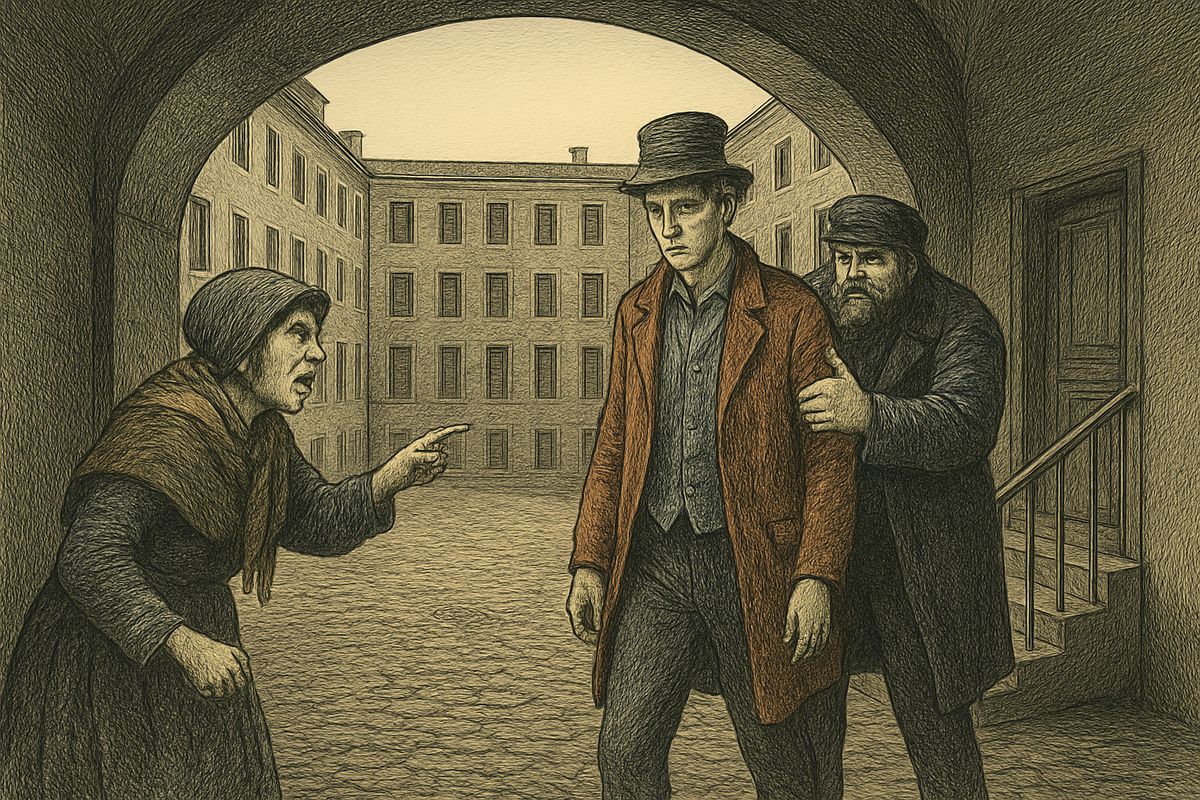 Downstairs he gave the porters his full name and dared them to take him to the police. "He's a rogue!" cried a peasant woman. The huge porter flung him into the street, and Raskolnikov walked off in silence.