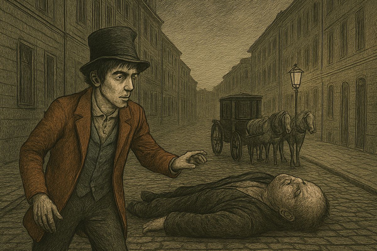 At the crossroads, still deciding whether to confess, he found a crowd round a carriage. A drunkard had been run over, and Raskolnikov knew him. "It's Marmeladov! Make haste for a doctor, I will pay!" He had him carried home to Kozel's house.
