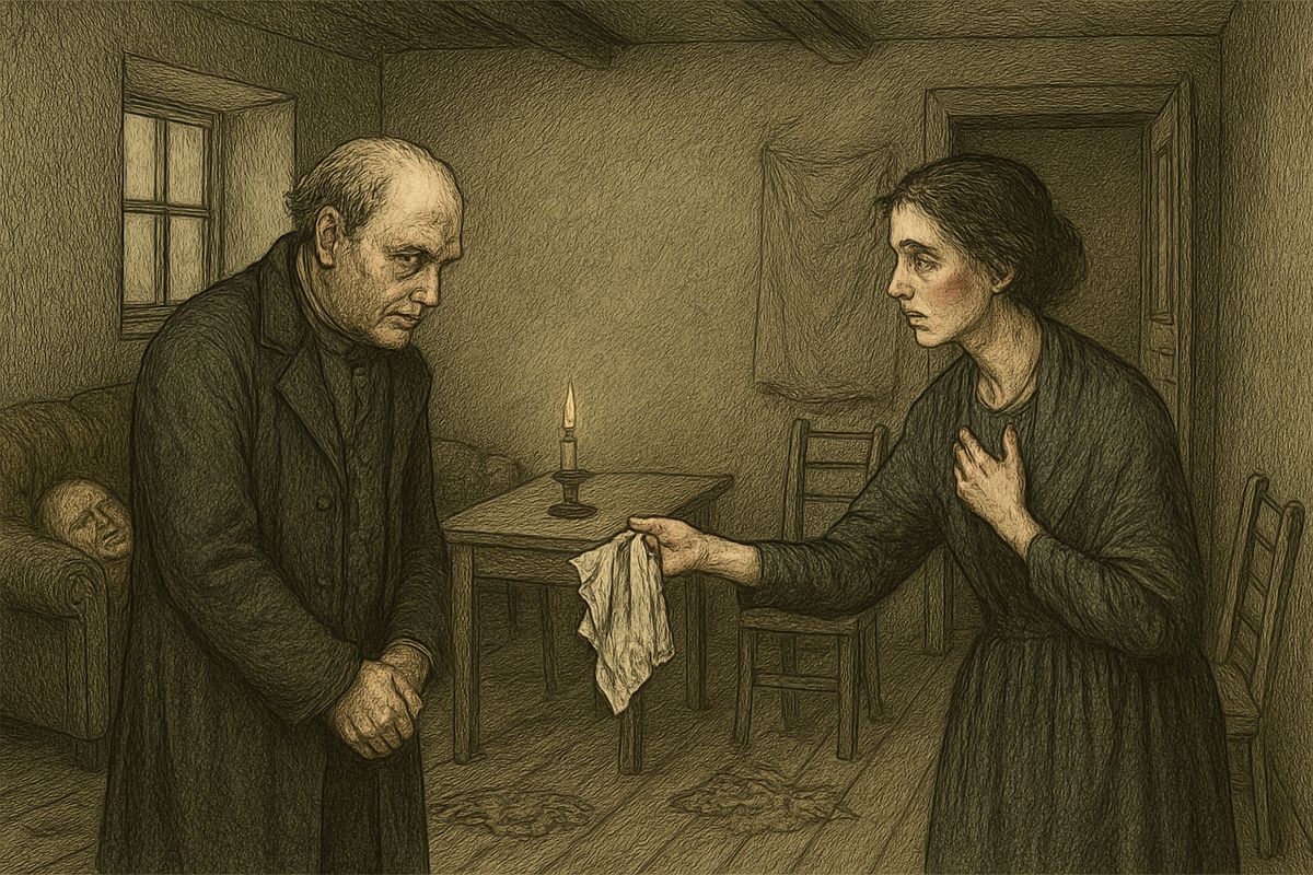 The doctor found Marmeladov's chest crushed: he would die within minutes. A priest came with the sacrament, but Katerina Ivanovna would not be consoled. "He drank everything away!" Then a terrible cough seized her, and her handkerchief came away stained with blood.