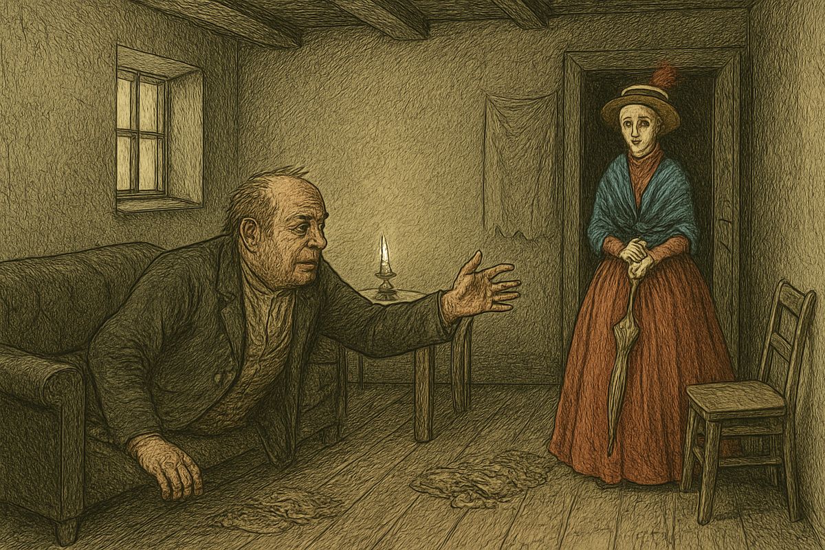 Polenka had run for Sonia, and she came, timid and out of breath, in the gaudy streetwalker's finery she had no time to change. Her dying father saw her in the doorway, raised himself on his elbow and knew her at last, crushed in her humiliation. "Sonia! Daughter! Forgive!"