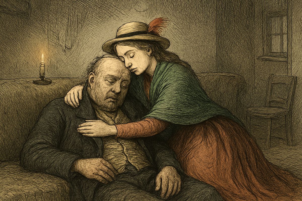 Reaching for her, he fell from the sofa face down. They lifted him back, and Sonia ran to him with a faint cry, embraced him and stayed without moving. He died in her arms.