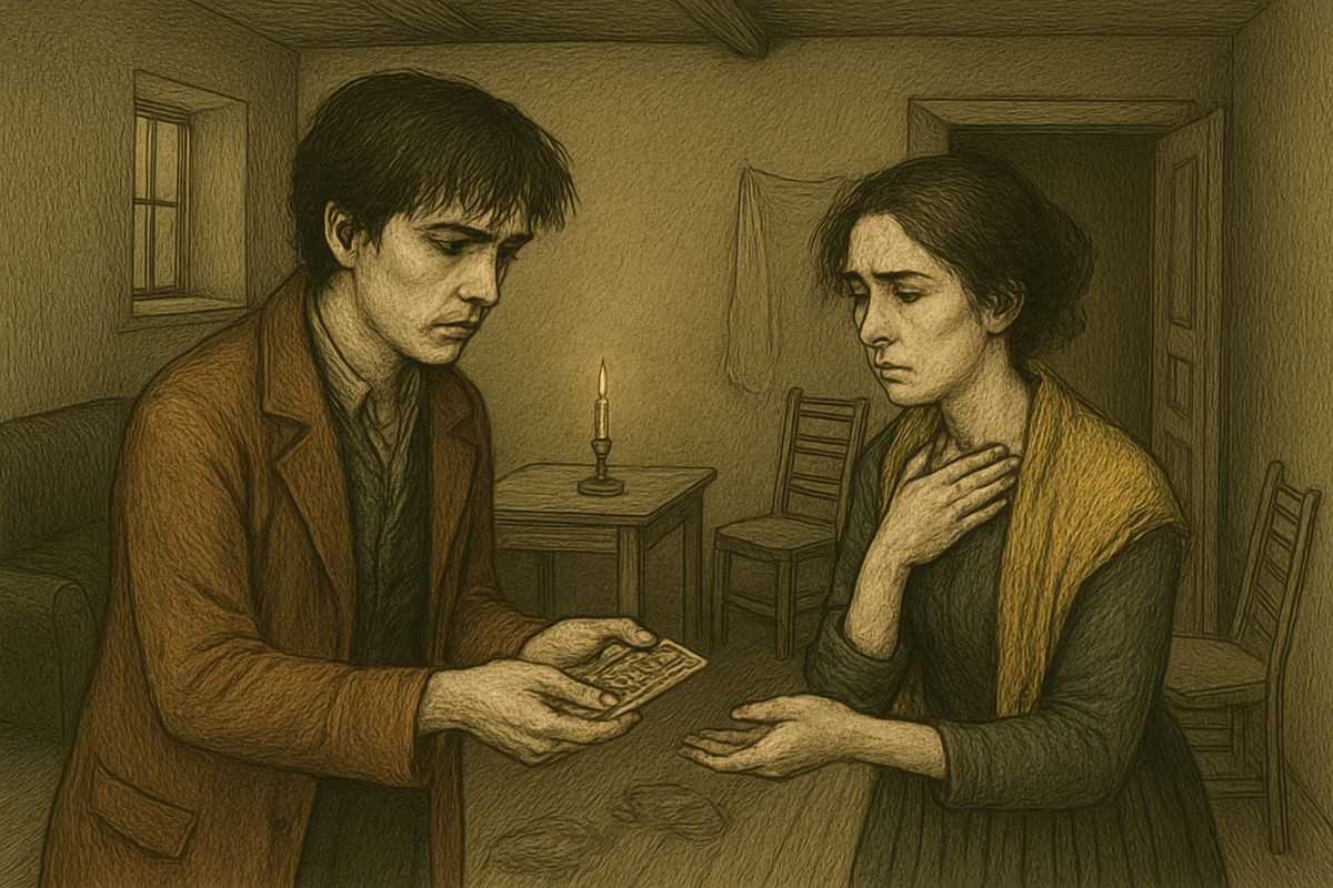 "How am I to bury him?" cried Katerina Ivanovna. Raskolnikov told her that her husband had spoken of her with reverence, gave her all his money, some twenty roubles, and promised to come again. On the stairs he admitted he was covered with blood.
