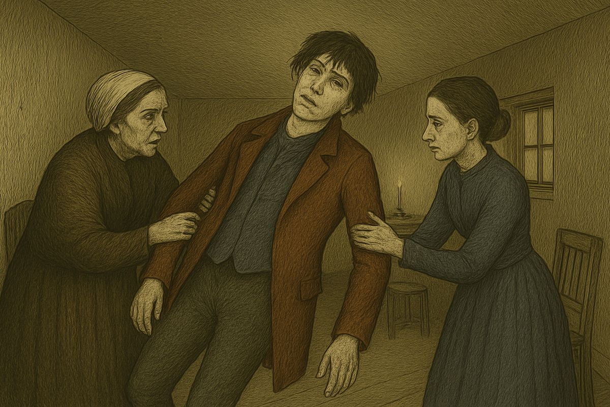 "Life is real! My life has not died with that old woman!" he told himself. Razumihin walked him home, drunkenly blurting out the police's suspicions. In the garret his mother and sister had waited for hours; they embraced him, and he fainted.