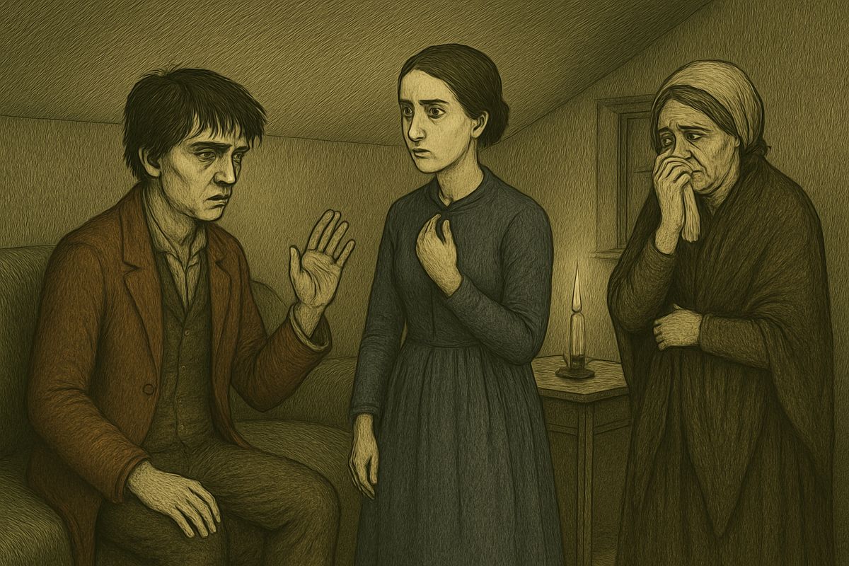 Barely able to lift his head from the sofa, Raskolnikov ordered his sister to break her engagement at the first chance the next day. "It's me or Luzhin!" he said. Then he turned his face to the wall, while his mother wept and Dounia stood pale with hurt pride.