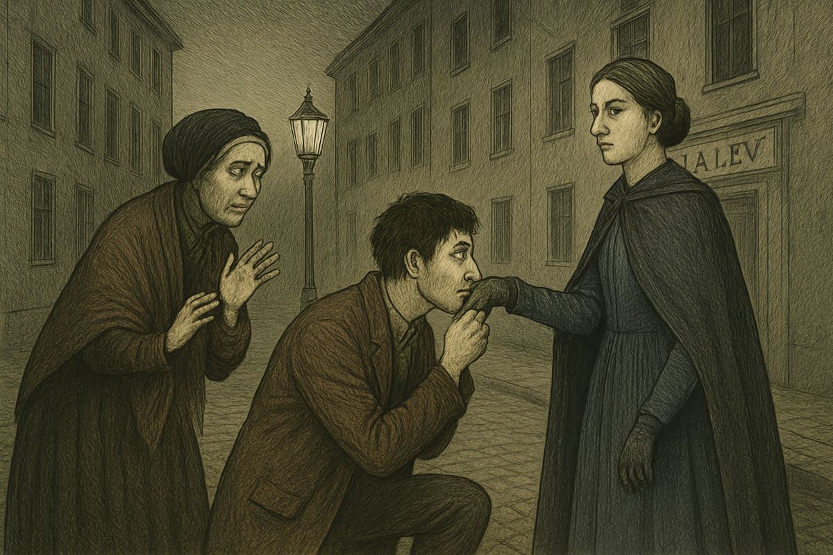 Razumihin, drunk on wine and on the sight of Dounia, marched the two women home, lecturing all the way, and fell on his knees to kiss their hands. Within the hour he came back with Zossimov and good news.