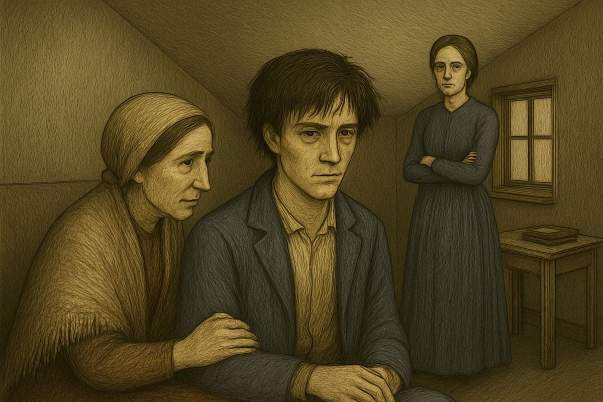 Next morning Raskolnikov met his family washed and polite, but every word felt like a duty. When he told his mother, "We shall have time to speak freely of everything," a chill went through him: he could never speak freely again.