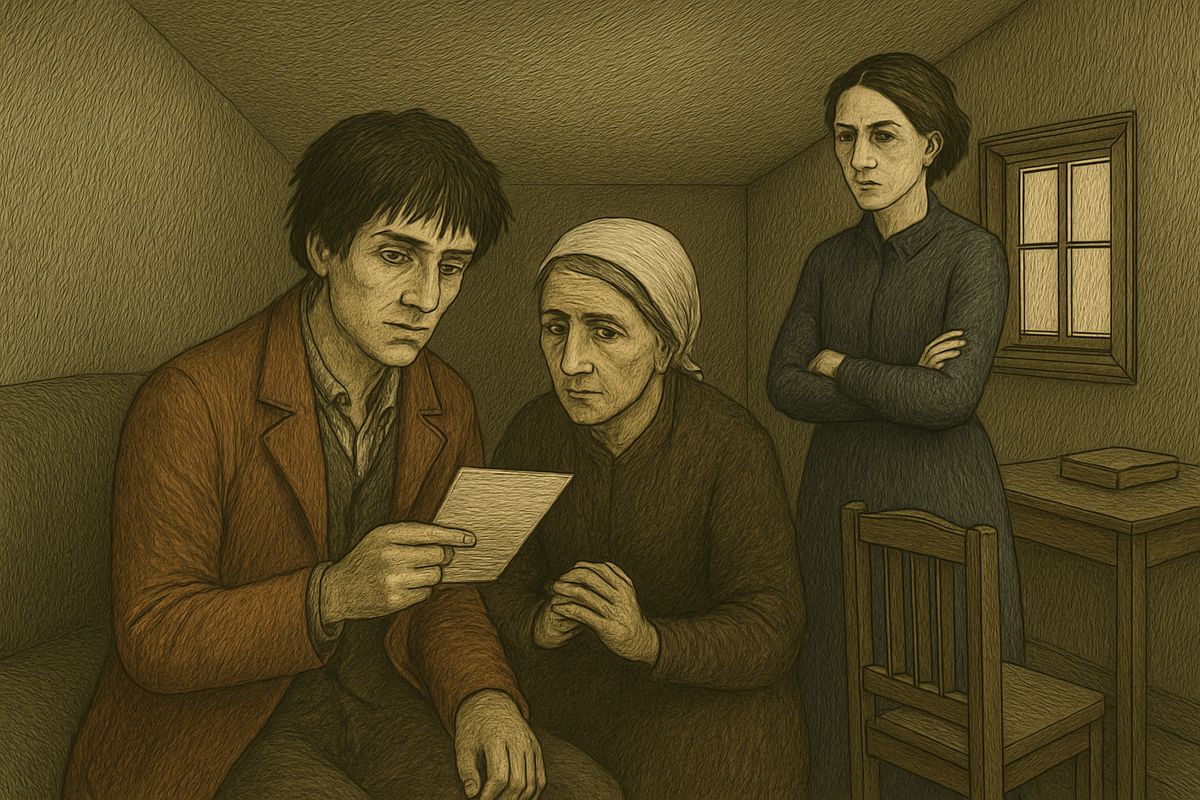 Dounia showed him Luzhin's letter forbidding him to come to tonight's meeting. He calmly exposed its lie that he had given the funeral money to a girl of notorious behaviour. Dounia decided that he and Razumihin must both be there at eight.