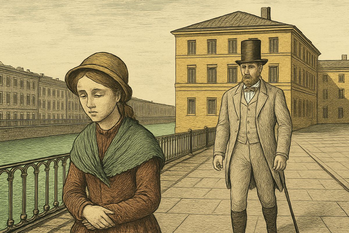 Sonia hurried home in a daze, not noticing the well-dressed gentleman of about fifty who had overheard her ask the way to Raskolnikov's. He followed her along the canal and up her stairs. At Kapernaumov's door he laughed, "We are neighbours," since he was lodging next door.