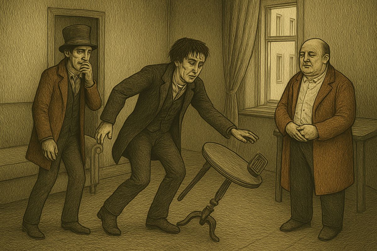 Raskolnikov walked into Porfiry's rooms shaking with deliberate laughter. Razumihin, red as a peony, sent a little tea table crashing. "But why break chairs, gentlemen? It's a loss to the Crown," their stout host quipped.