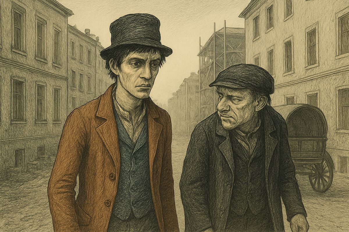 In the gateway the porter pointed him out to a stooping man in a long coat, who walked off. Raskolnikov caught up and asked what he wanted. "Murderer!" the man said quietly, and walked on with a smile of triumphant hatred.