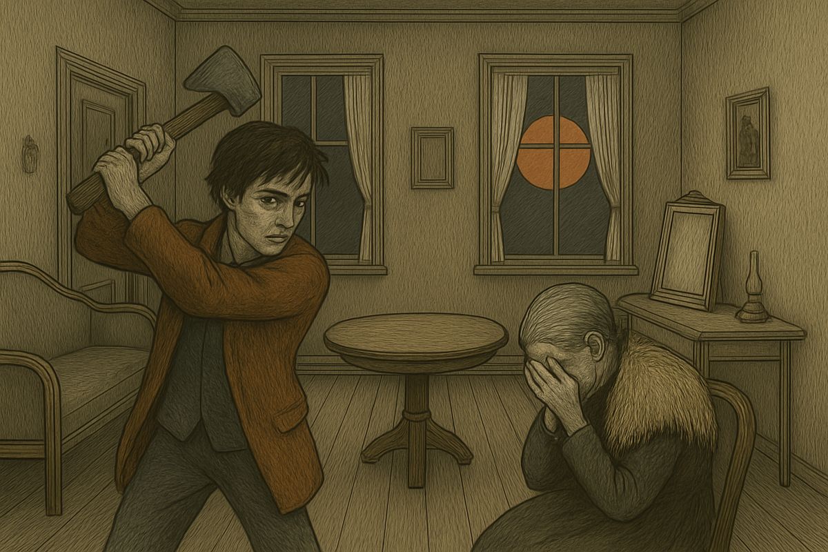 He dreamed he followed the man in the long coat into the pawnbroker's moonlit flat. There sat the old woman, bent double. He struck her again and again, but she only shook with silent laughter, while whispering grew louder in the bedroom.