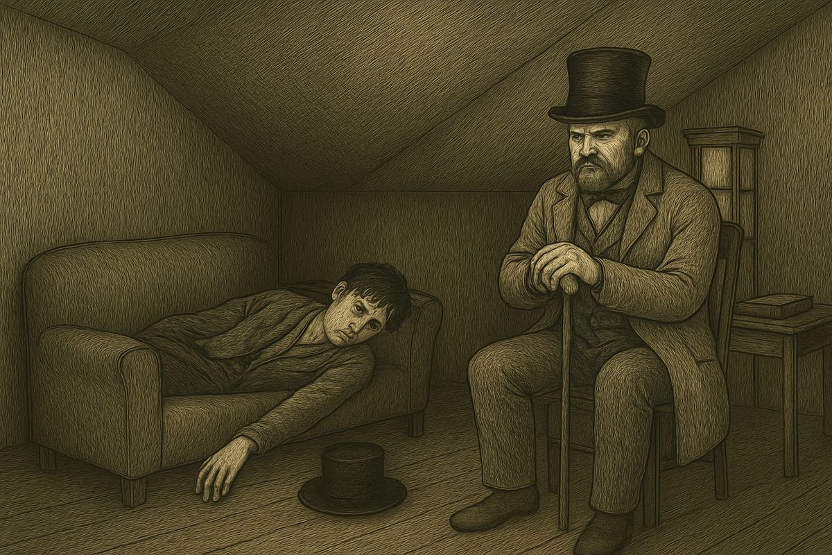 He woke with a scream stuck in his throat. A stranger stood in the doorway, then sat silently by the sofa. When Raskolnikov finally sat up, the visitor spoke: "I knew you were only pretending. Arkady Ivanovitch Svidrigaïlov, allow me to introduce myself."
