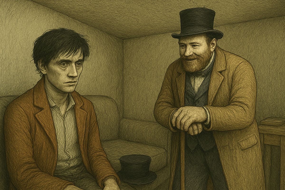 Svidrigaïlov said his dead wife Marfa's ghost had visited him three times, and mused that eternity might be a grimy bath-house full of spiders. He offered Dounia ten thousand roubles to break with Luzhin. Raskolnikov refused, and Svidrigaïlov left, hinting at a mysterious journey.