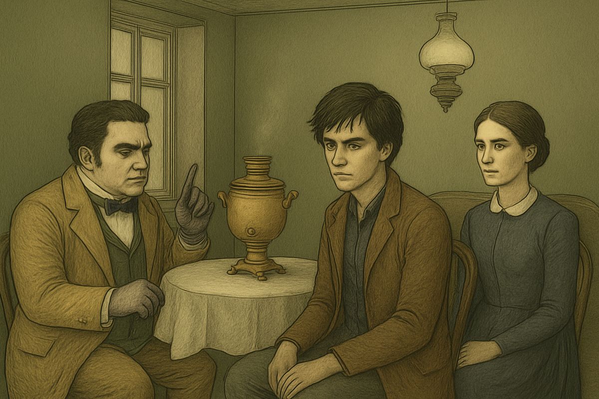 At eight Luzhin arrived at Bakaleyev's with an air of injured dignity. He hinted darkly at Svidrigaïlov's past, then attacked Raskolnikov for giving money to a family of worthless people. 'You are not worth the little finger of that girl,' Raskolnikov answered.