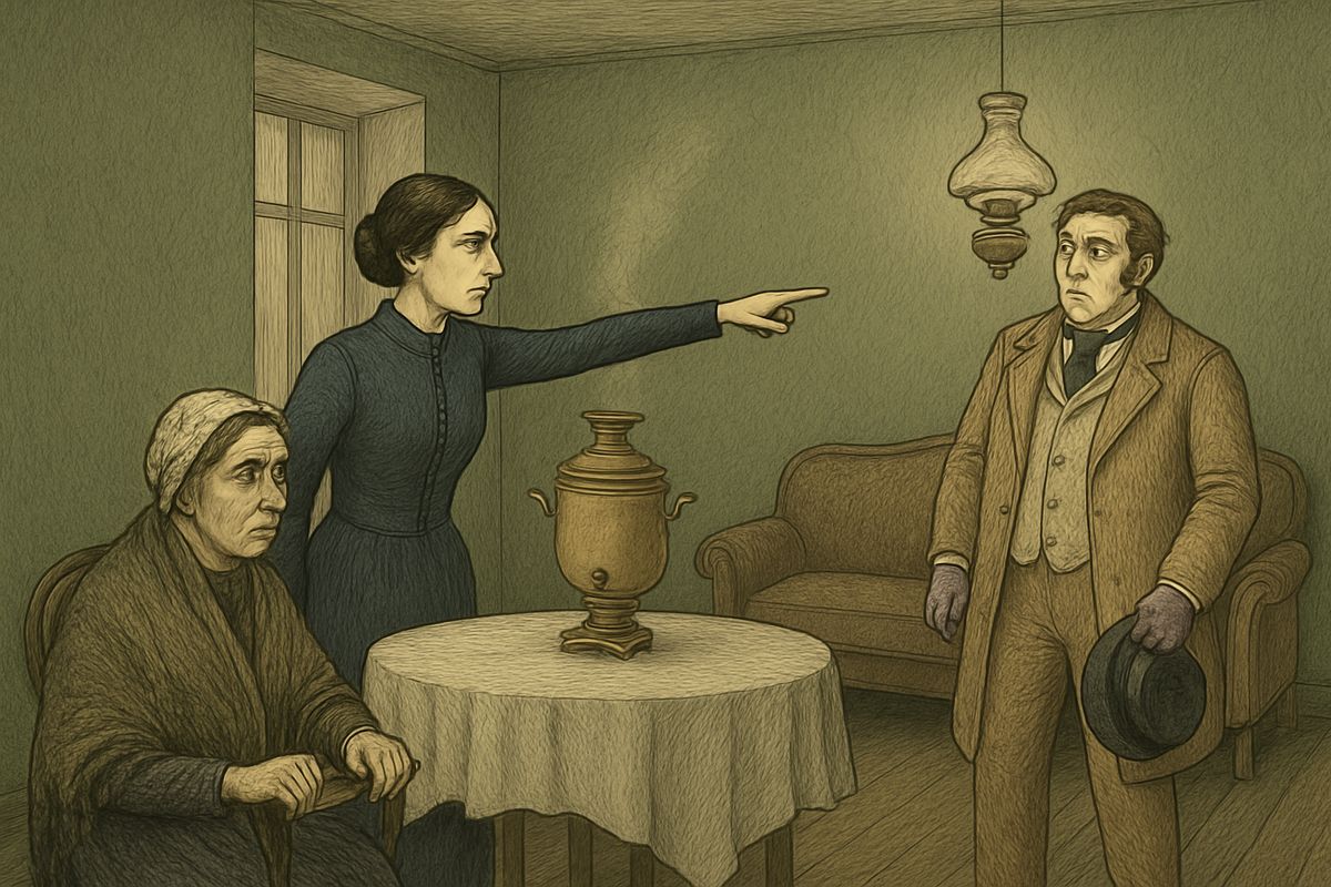 Dounia had told Luzhin she must choose between him and her brother, and he was offended. When he sneered at their sudden legacy, she rose, white with anger: 'Pyotr Petrovitch, go away.' He blustered about his expenses, and Pulcheria Alexandrovna flared up.