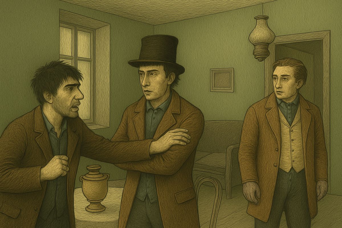 When Luzhin threw Dounia's lost reputation in her face, Razumihin jumped up to smash his head. Raskolnikov held him back: 'Kindly leave the room.' Luzhin went out pale and shaking, full of hatred, blaming Raskolnikov alone for everything.