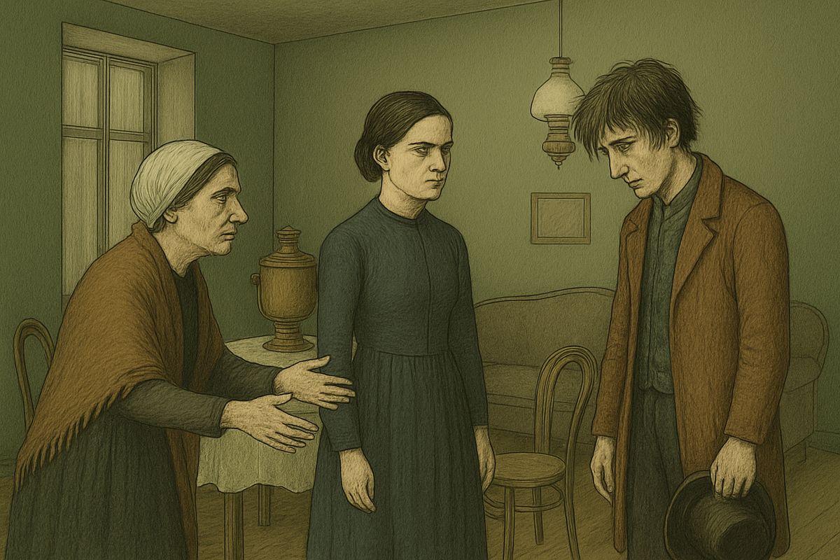 With Luzhin gone, they were soon laughing. Razumihin eagerly set out his plan for a publishing business with his uncle's money and part of Dounia's three thousand, and her eyes shone. Then Raskolnikov rose, cap in hand: 'Forget me altogether, it's better.'