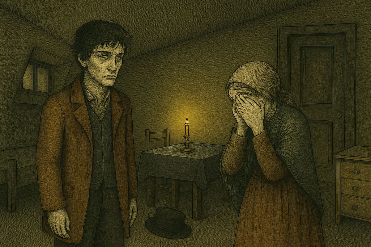 At eleven Raskolnikov climbed to Sonia's room at the tailor Kapernaumov's and questioned her without pity. What would become of the children when Katerina Ivanovna died? Would Polenka go the same way? 'Perhaps there is no God at all,' he said. Sonia sobbed bitterly.