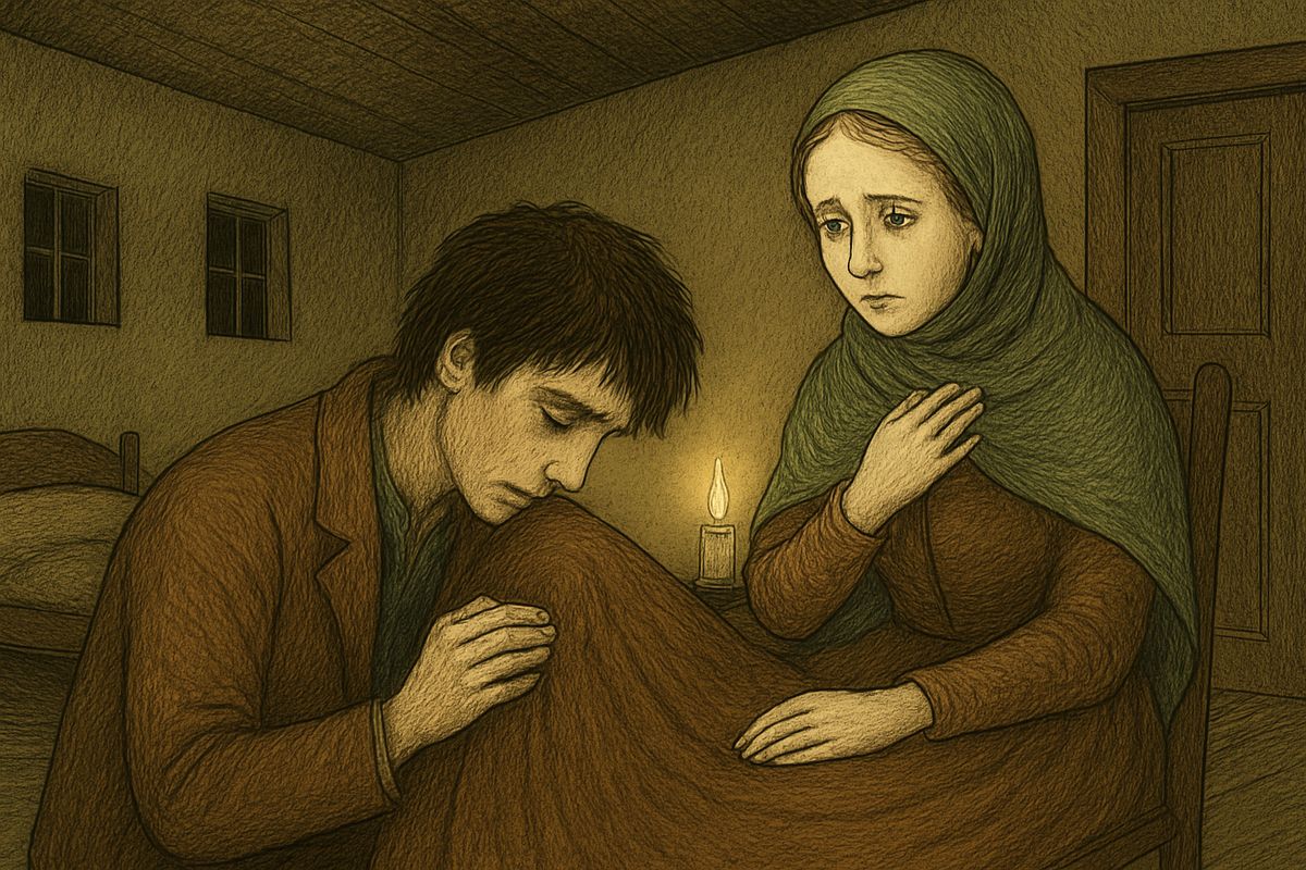 He paced the room in silence. Then he suddenly dropped to the floor and kissed her foot, and Sonia drew back as if he were mad. 'I bowed down to all the suffering of humanity,' he said wildly.