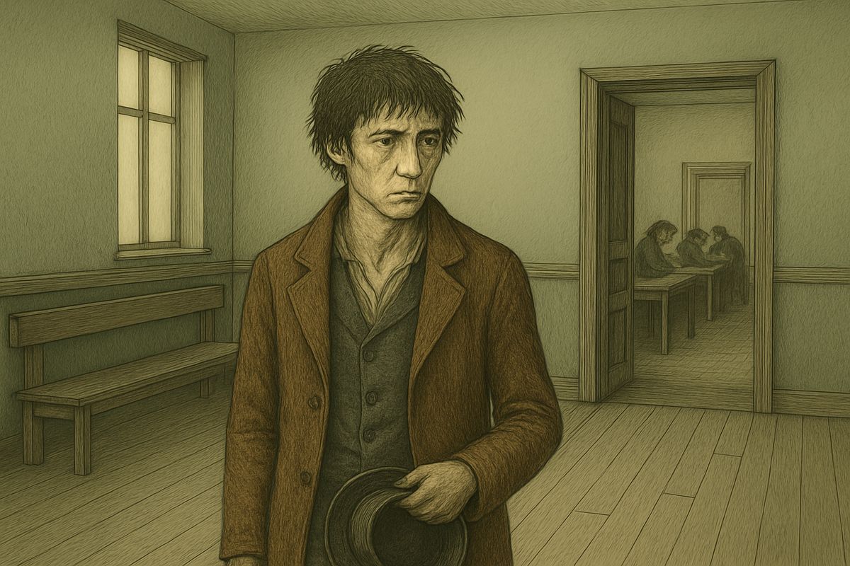 Next morning at eleven Raskolnikov went to Porfiry Petrovitch and was left waiting ten minutes, unguarded. If the man from underground had seen anything, he reasoned, they would never let him stand like this. Trembling with hatred, he vowed to stay cold and silent.