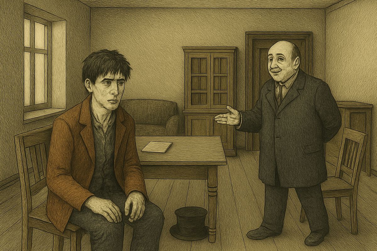 Porfiry held out both hands, then drew them back, and rolled about the room chattering of trifles. 'The work of investigation is, so to speak, a free art, he-he-he!' Raskolnikov sat clutching his cap, sure the babble hid a game.
