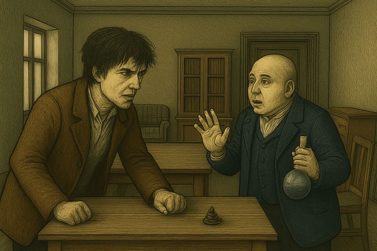 When Porfiry asked if the room was too stuffy, Raskolnikov laughed hysterically, then sprang up trembling. 'If you have a right to arrest me, then arrest me!' He struck the table, and Porfiry, all alarm, pressed water on him.