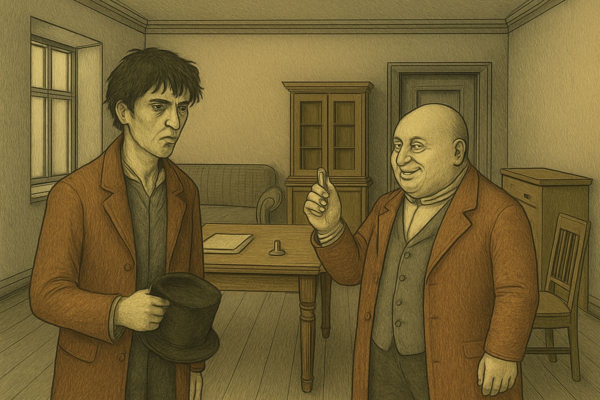 'Arrest me, search me, but don't play with me!' Raskolnikov hissed, seizing his cap. At the door Porfiry caught his arm, chuckling, and promised him a little surprise locked behind the door. He drew out a key, and Raskolnikov heard noises beyond.