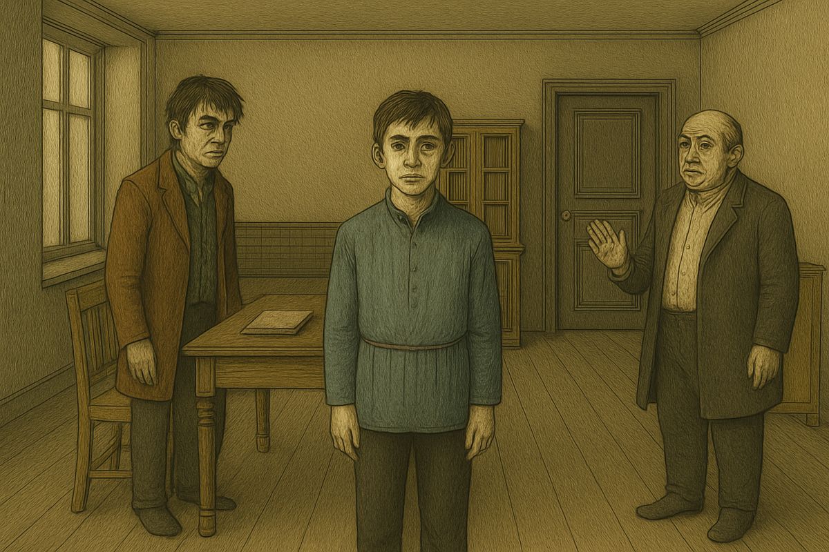 Instead the door burst open and the young painter Nikolay strode in and fell to his knees, confessing to murdering both women with an axe. 'It's not his own tale he is telling,' Porfiry muttered, and hurried Raskolnikov out, promising they would meet again.