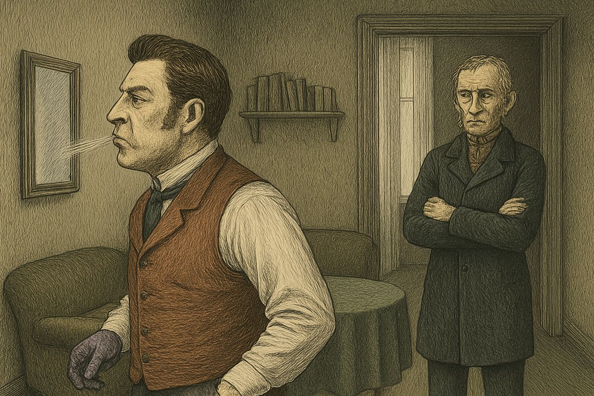 The morning after Dounia dismissed him, Luzhin woke with wounded vanity gnawing at his heart. Studying his face in the looking-glass, he was briefly sure of a better bride, then spat vigorously. His young host Lebeziatnikov smiled sarcastically, and Luzhin marked it against him.