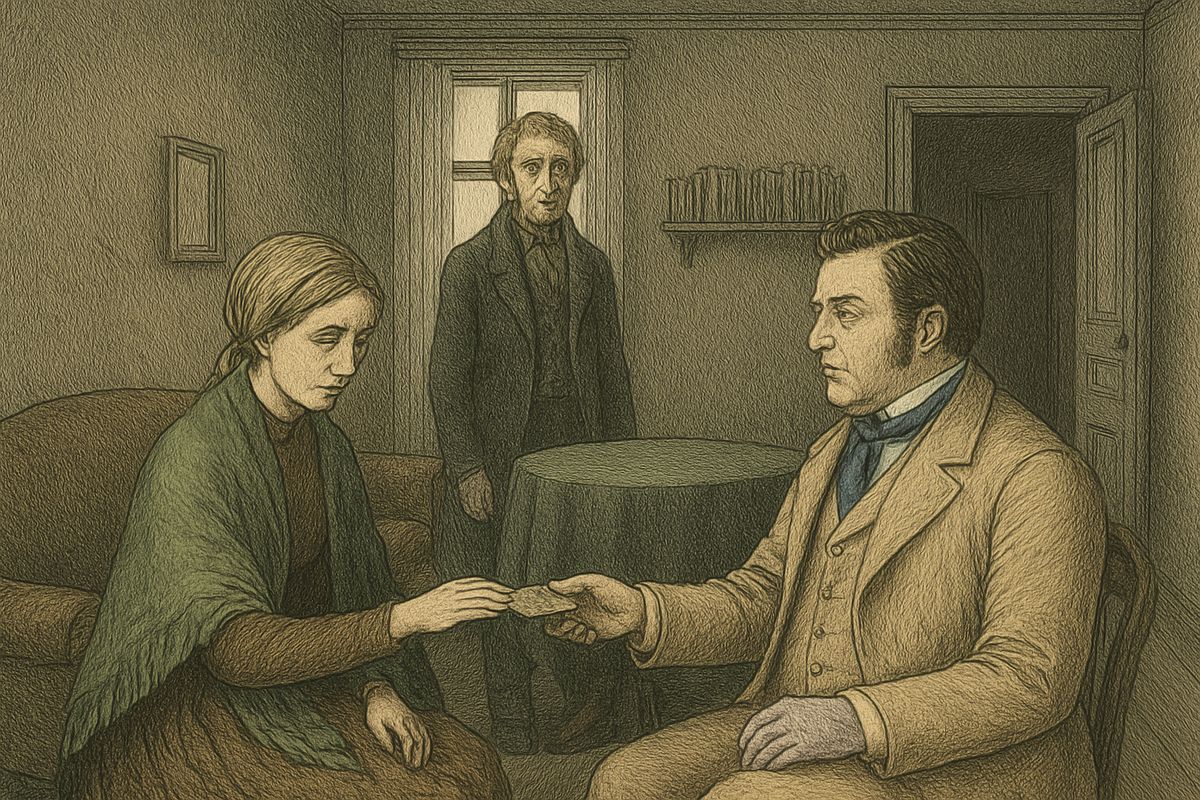 Luzhin spoke loftily to the bewildered Sonia of a subscription for Katerina Ivanovna, then pressed ten roubles on her as his own gift. She flushed and fled. Lebeziatnikov praised his humanity warmly, but Luzhin hardly heard, rubbing his hands with excitement.