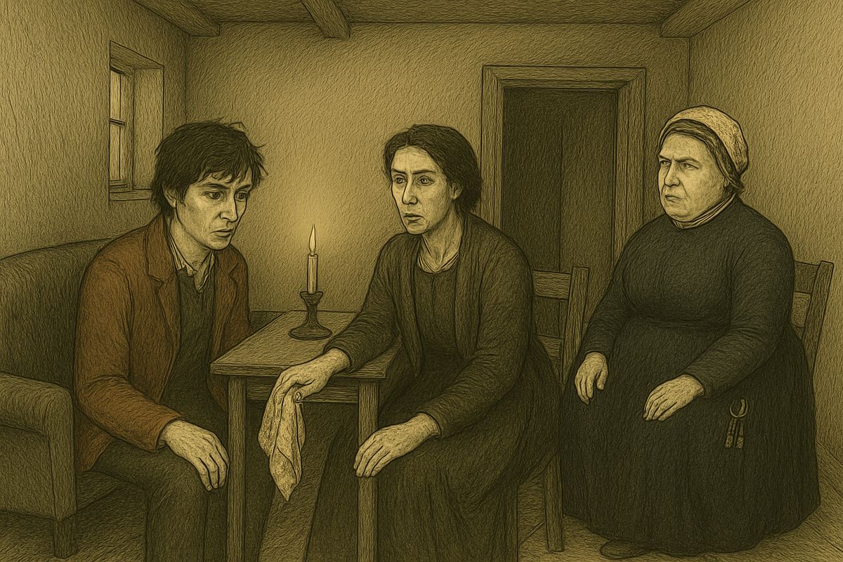 Katerina Ivanovna had spent nearly ten of Raskolnikov's roubles on a proud funeral feast, but only the shabbiest lodgers came. With Raskolnikov beside her, she mocked the landlady between coughing fits, then silently showed him the blood in her handkerchief.