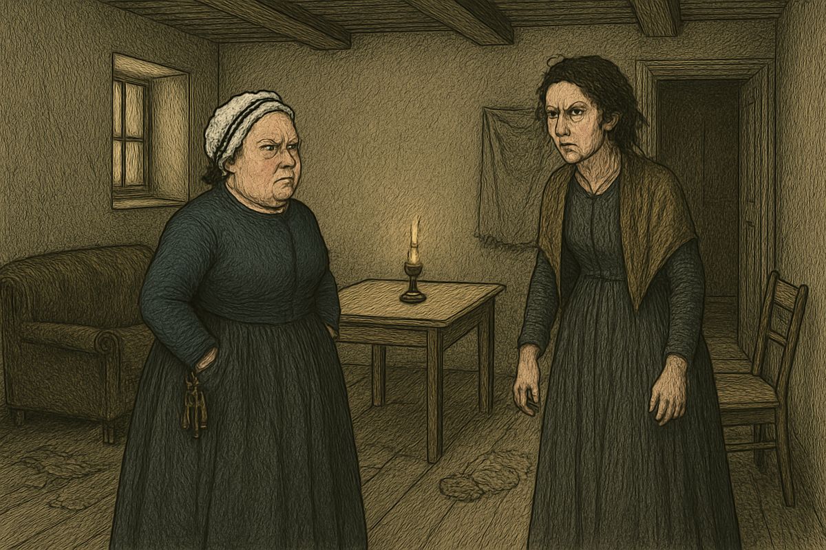 Amalia Ivanovna, the landlady, ignored all evening, offered advice and was cut short. Insults flew, and Amalia leapt up to impersonate her 'Vater aus Berlin' while the lodgers roared. Katerina rose, pale and trembling, ready to tear off the landlady's cap.