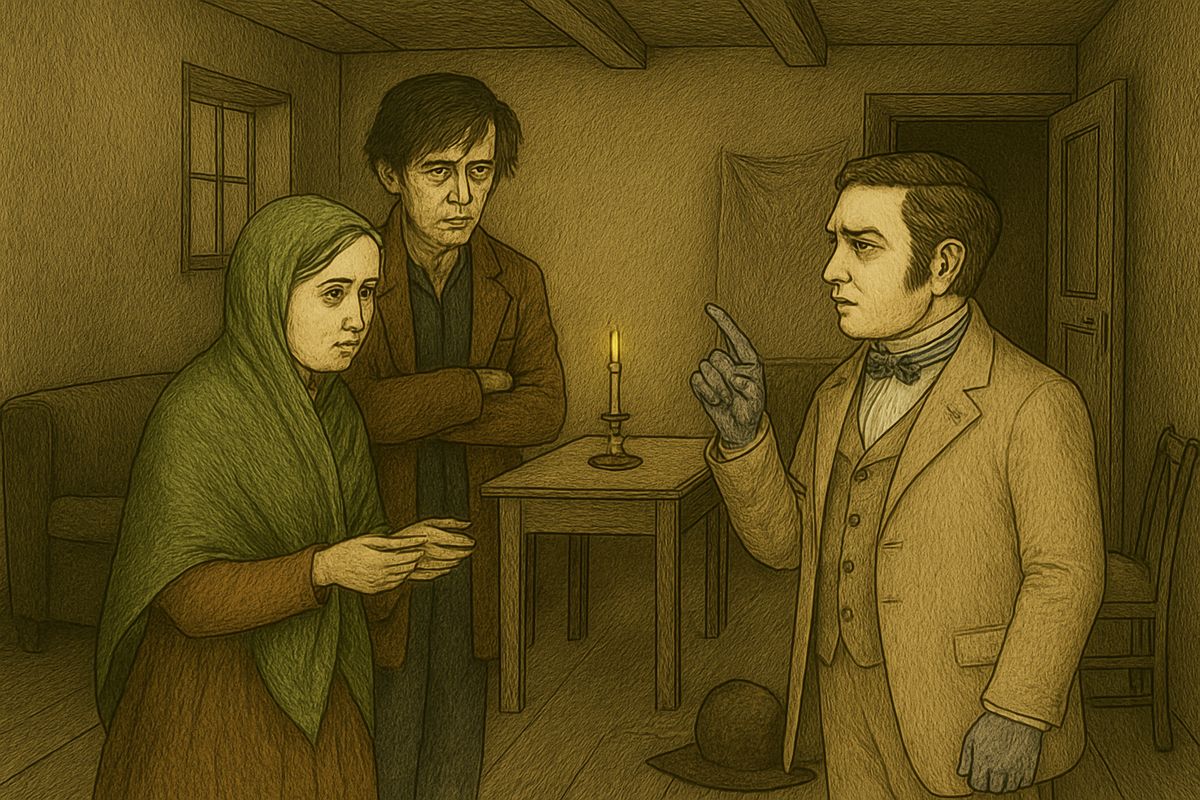 At the height of the uproar Luzhin appeared in the doorway. Ignoring Katerina's pleas, he announced before everyone that after Sonia's visit a hundred-rouble note had vanished from his table. 'I know nothing about it,' Sonia whispered, offering back his ten roubles.