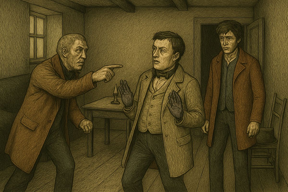 'I saw you put it there!' cried Lebeziatnikov from the doorway; he had watched Luzhin slip the note into Sonia's pocket. Raskolnikov then explained the motive: shaming Sonia would disgrace him before his family and win Dounia back. The guests turned on Luzhin, who blustered out.