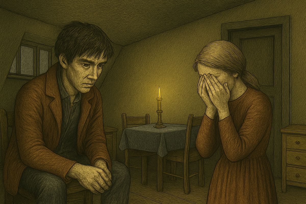 Still flushed from his victory over Luzhin, Raskolnikov went to Sonia's room and tormented her with a riddle. 'Should Luzhin live and do wicked things, or Katerina Ivanovna die?' Sonia wept that no one had made her a judge.