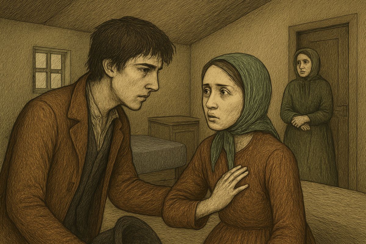 He couldn't bring himself to say it. "Take a good look," he whispered. Suddenly he saw Lizaveta's face in Sonia's, the same childish terror Lizaveta had shown as she backed from the axe. Sonia put out her left hand against his chest and slowly shrank away. Then she understood.