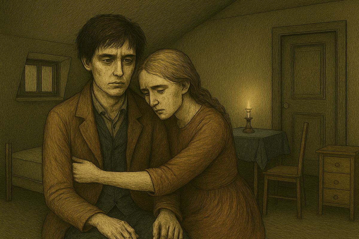 She fell to her knees, then threw her arms around his neck, crying that no one in the world was so unhappy as he. For the first time in a long while, tears came to his eyes. 'I'll follow you to Siberia!' she swore.