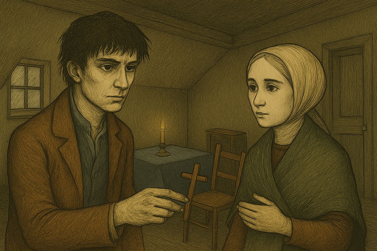 She offered him her cypress-wood cross; she would wear Lizaveta's copper one. “Together we will bear our cross!” He reached out, then drew back: not now, better later. Just then Lebeziatnikov knocked: Katerina Ivanovna had gone mad.