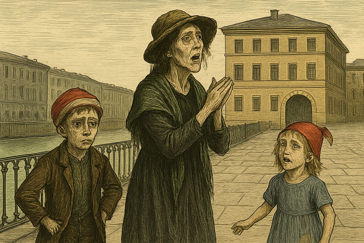 After a brief visit from Dounia, who pledged her love, Raskolnikov found Katerina Ivanovna on the canal bank. She had dressed the children as street singers and was clapping and coughing while Polenka sang "Cinq sous" and a jeering crowd gathered. Sonia begged her to come home.