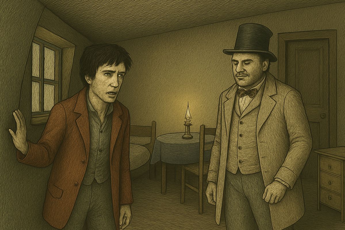 Svidrigaïlov offered to pay for the funeral, the orphans and Sonia's rescue, then quoted Raskolnikov back to him: “She wasn't ‘a louse,’ was she, like some old pawnbroker woman?” Raskolnikov went cold. Svidrigaïlov lodged next door and had heard everything.