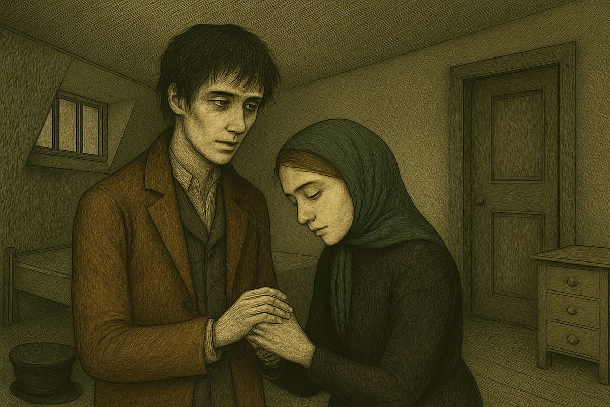 A fog fell over him in the days that followed. He wandered taverns and empty roads, twice waking at dawn under bushes, and stood through Svidrigaïlov's requiems. Afterwards Sonia silently took his hands and rested her head on his shoulder, without the least disgust.