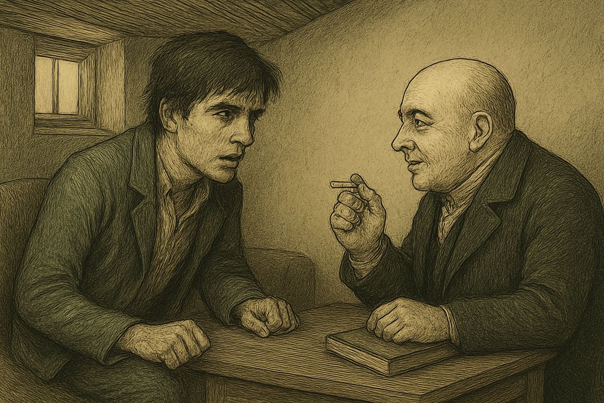 Heading out, Raskolnikov met Porfiry, who had crept up like a cat. Almost fatherly, Porfiry laid it all out: the rumours, the search, the stone, Nikolay's false confession. Then, almost in a whisper: “Why, you, Rodion Romanovitch! You are the murderer.”