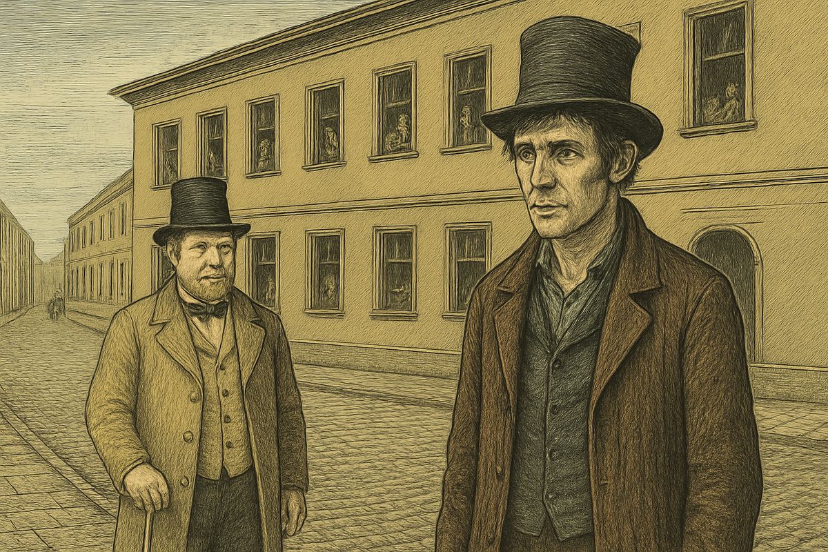 Afraid Svidrigaïlov would use his secret against Dounia, Raskolnikov went looking for him. Near the Hay Market he spotted him at a tavern window, about to slip away. Each saw the other, and Svidrigaïlov burst out laughing: “Well, well, come in if you want me!”