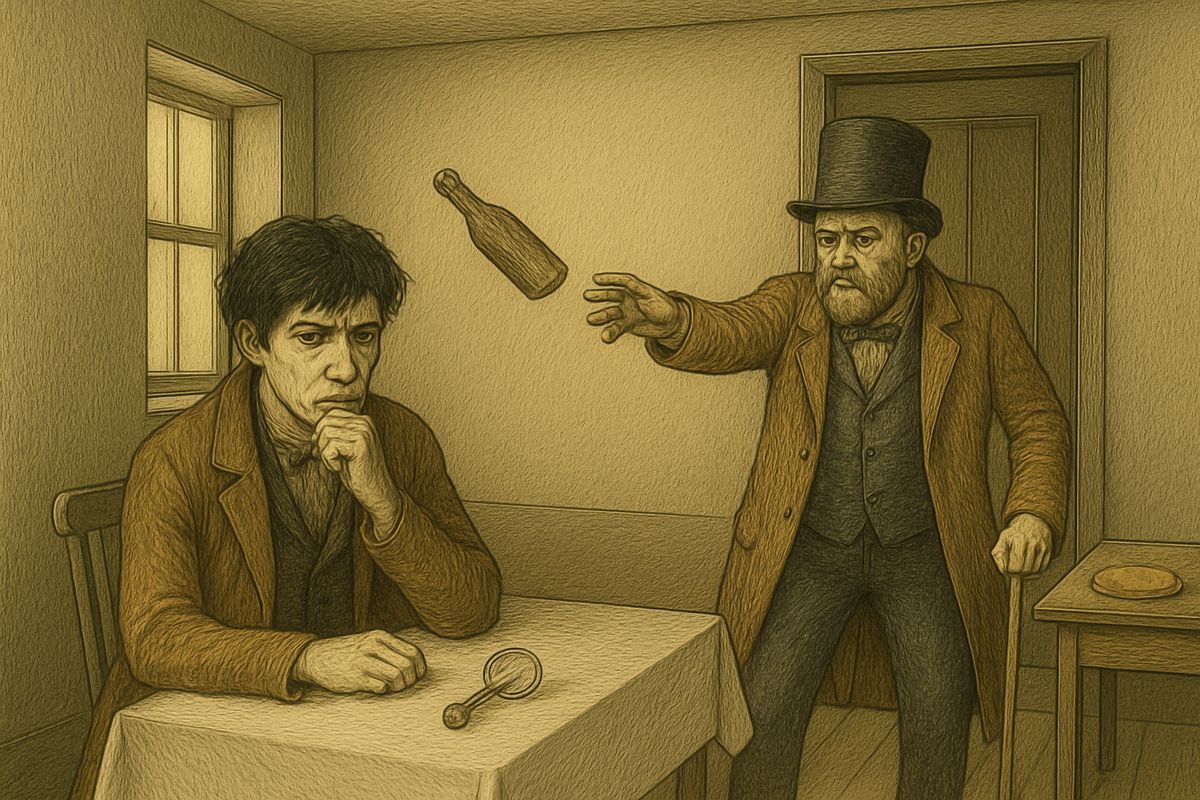 Growing tipsy, Svidrigaïlov told how Marfa Petrovna had bought him out of debtors' prison and bound him by a strange marriage contract, and how Dounia had tried to save him until his eyes frightened her. Catching himself, he flung the champagne bottle out the window.