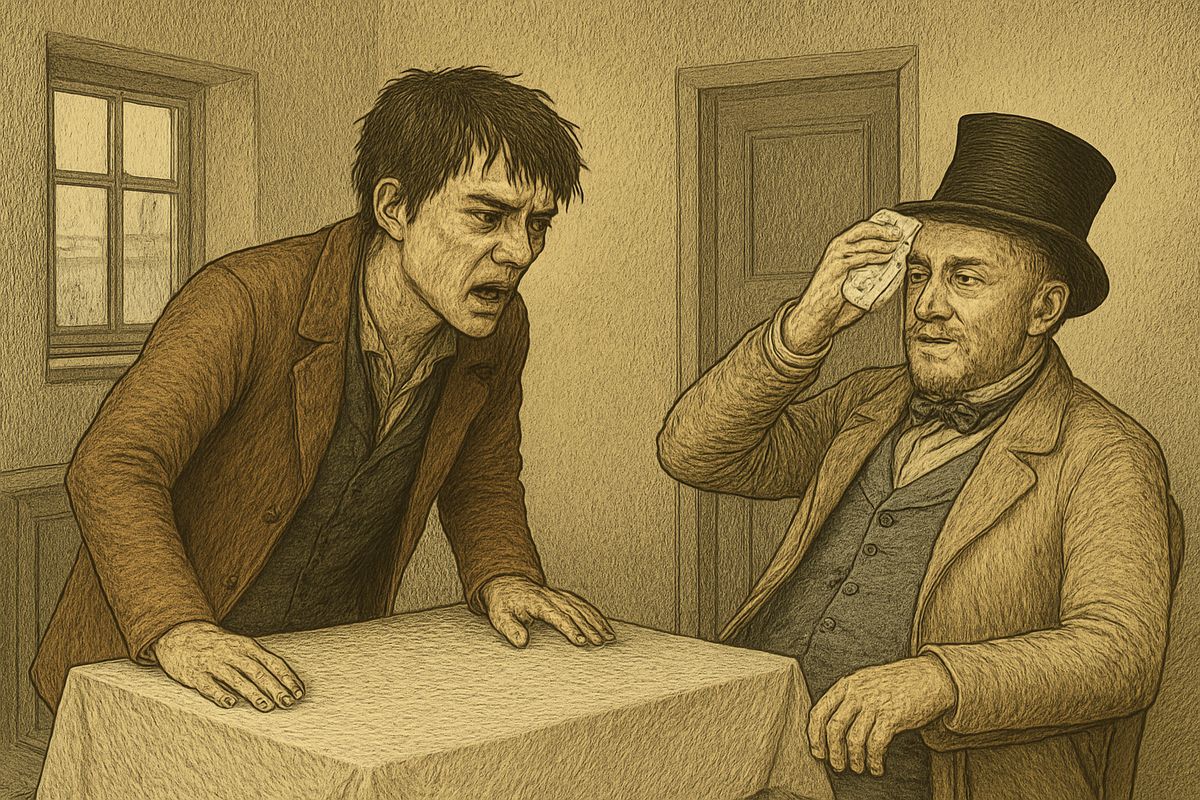 He boasted of his betrothal, at fifty, to a girl not yet sixteen, and of a poor girl he had taken up at a low dance-hall. Raskolnikov leapt up. “Enough of your vile, nasty anecdotes!” Svidrigaïlov only laughed, and paid.